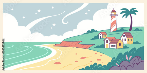 A picturesque beach scene with a lighthouse in the distance and a stormy sky overhead