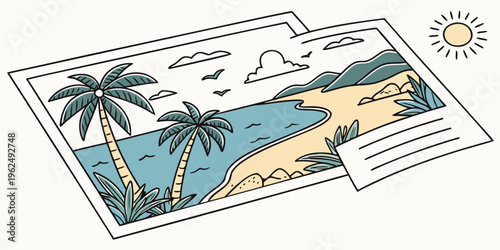 A picturesque tropical beach scene with palm trees and a clear blue sky