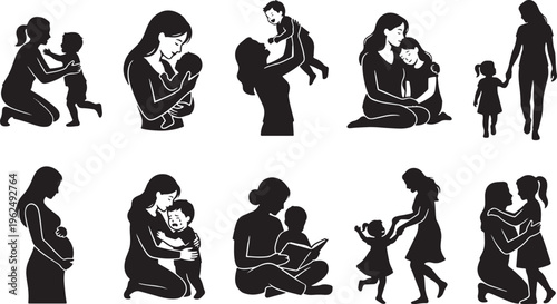 Black silhouette of diverse family activities and relationships in various settings black silhouettes