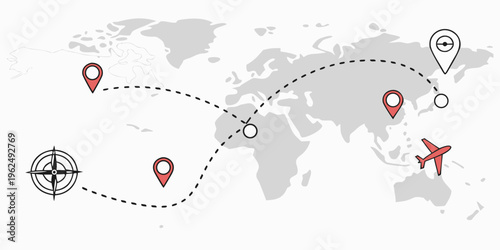 World map with travel icons and flight paths connecting various locations