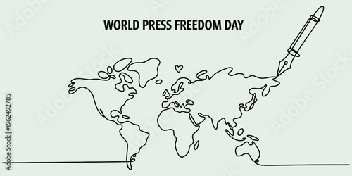 World press freedom day concept with a continuous line drawing of a world map and a fountain pen. Vector, illustration