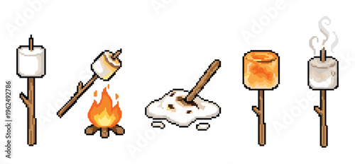 Marshmallows roasting over a campfire, showing various stages of preparation from raw to perfectly golden brown and melted, in a charming pixel art style.
