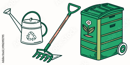 A collection of gardening tools including a watering can, rake, and a green compost bin.