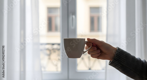 Embracing a peaceful morning moment with a warm beverage held in hand, reflecting on tranquility by a softly lit window, bringing a sense of comfort and a gentle start to the day