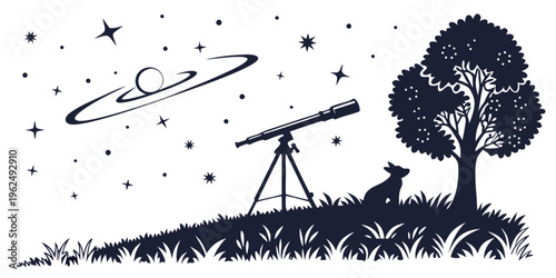 Astronomer observing the cosmos with a telescope under a starry night sky.