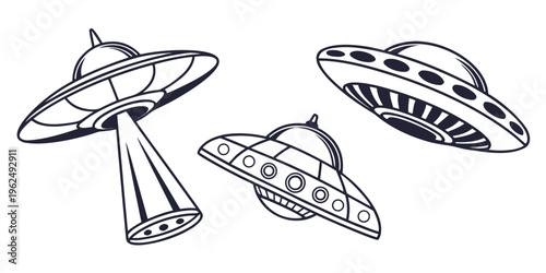 Three distinct flying saucers with unique designs and patterns hovering in the sky