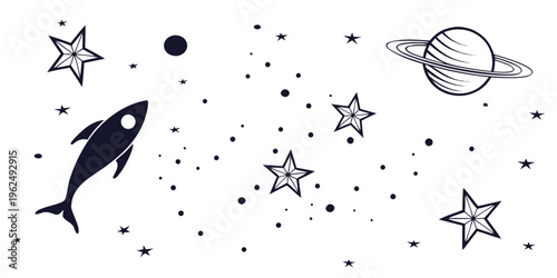 Whimsical black and white illustration of a killer whale in space surrounded by stars and planets