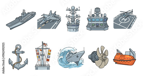 Naval elements and maritime components are depicted in a vibrant cartoon style, showcasing various aspects of sea transportation and military vessels.