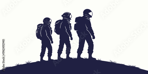 Three hikers with backpacks standing on a hilltop at sunset