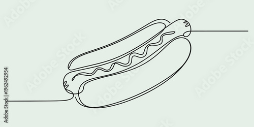 Continuous line drawing of a hot dog with mustard on a soft bun against a light background Vector, illustration
