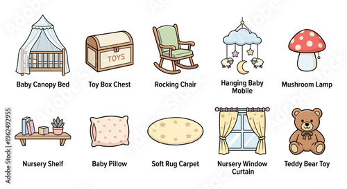 Various essential baby nursery items and furniture collection featuring a bed, toy chest, rocking chair, mobile, lamp, shelf, pillow, rug, curtain, and teddy bear.