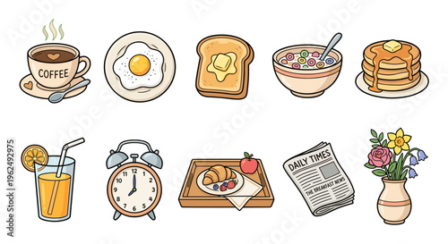 Delicious morning breakfast items and daily routine elements are neatly arranged in a charming cartoon illustration, perfect for conveying a fresh start to the day.