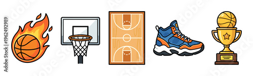 Basketball sport elements collection featuring various iconic items like a flaming ball, hoop, court, shoe, and championship trophy, presented in a playful cartoon style.