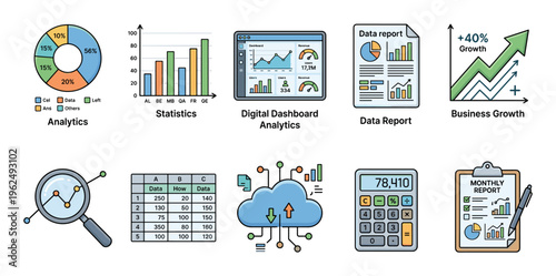 Data analytics business icons collection illustrating various concepts like growth, reports, statistics, dashboards, and cloud computing for modern digital information management.