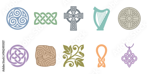 Various traditional Celtic symbols and Irish cultural motifs are arranged in a decorative collection, showcasing ancient heritage and intricate knotwork designs.