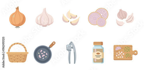 Onions and garlic, along with various kitchen tools and preparations, are presented in a flat design illustration style, perfect for culinary and cooking themes.