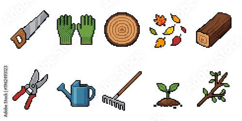Various gardening and nature themed pixel art icons are neatly arranged, showcasing essential tools, plants, and natural elements for outdoor activities.