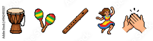 Pixel art collection of musical instruments and dancing figures, including a drum, maracas, flute, and clapping hands, evoking a festive and rhythmic celebration.