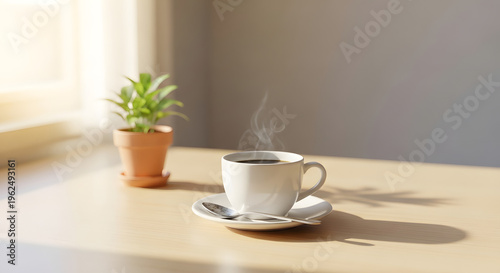 A warm cup of coffee and a small plant on a wooden table bathed in sunlight