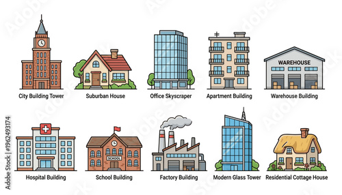 Different types of buildings are illustrated in a colorful cartoon style, showcasing various architectural structures from residential homes to commercial skyscrapers and public institutions.