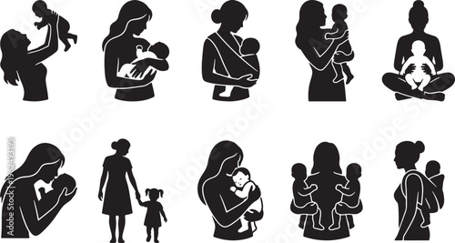 Black silhouette of diverse family activities and relationships in various settings silhouettes white background