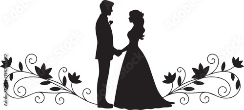 Wedding couple silhouette, romantic illustration, black vector icon, marriage symbol