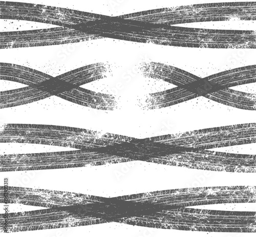 Tire tread marks after skidding, launch, drift, powerslide in motorsport, rally, off-road, motocross. Wheel texture with splash effect. Vector, transparent background EPS version.