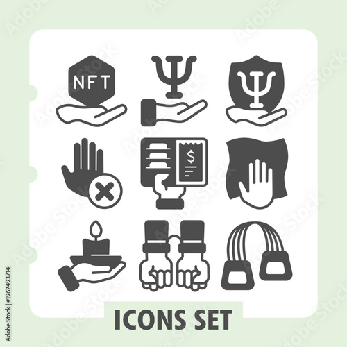 Gift badge, hand ban, candle modern icons set depicting crypto, auction and financial trading items in solid style for apps and print on white background. Set of nine glyph icons.
