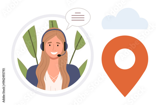 Customer service, online support, remote assistance, map navigation, geolocation services, virtual communication. Smiling woman wearing a headset, chat bubble map pin and cloud symbol. Customer