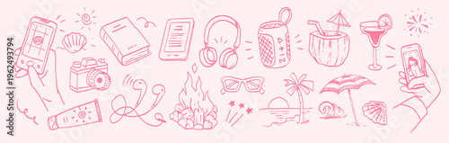 Summer lifestyle doodle set with smartphone, music, headphones, reading and relaxing elements. Perfect for leisure, digital lifestyle, travel and vacation mood illustrations.