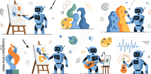 AI Creativity Illustration Set Featuring Robots Painting, Music Generation, Digital Art Creation, Abstract Design, and Artificial Intelligence Creative Workflow Concepts