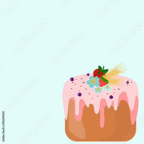 Easter cake vector illustration on blue background. Traditional pascha bread with pink glaze, strawberries and wheat. Festive greeting card template with large copy space for text