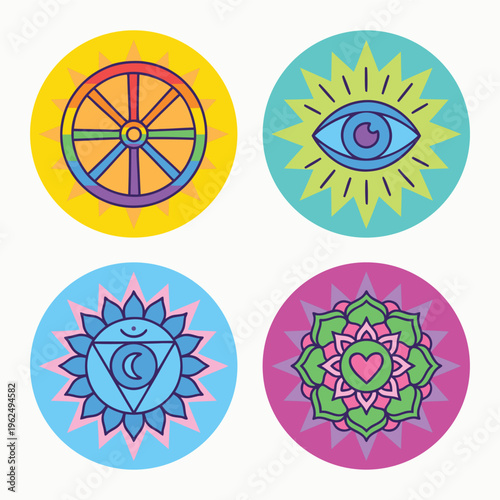 Set of Four Spiritual Symbols and Chakras.