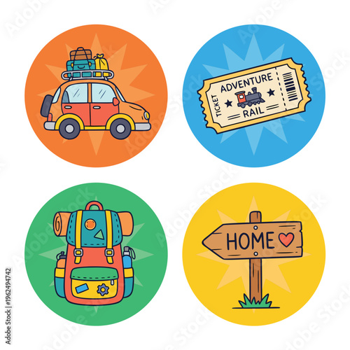 Set of four travel-themed circular icons.