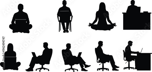 People sitting silhouettes working on laptop meditating and relaxing showing office work and mindfulness lifestyle illustration set