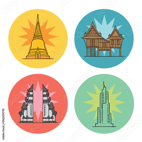 Set of Four Thai Cultural Icons.