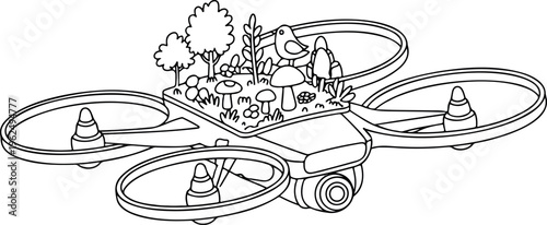 Drone carrying tiny forest with trees mushrooms and bird outline illustration.