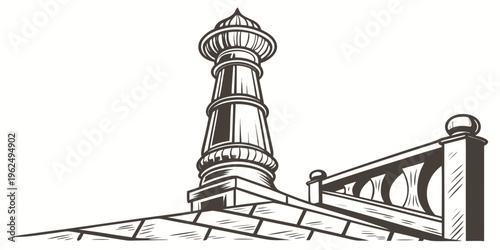 A detailed illustration of a lighthouse and its surrounding stone wall