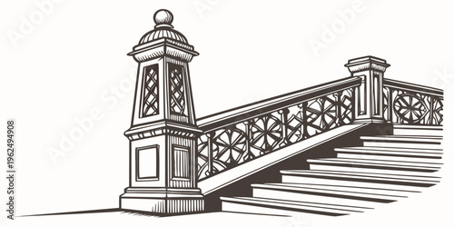 Intricate wrought iron bridge with ornate lamp post at the entrance