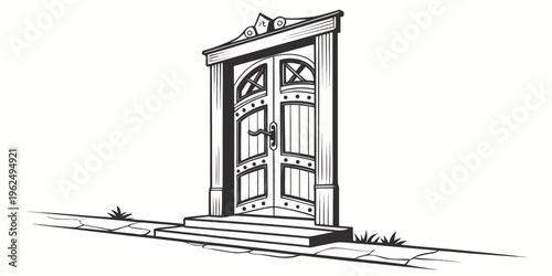 A detailed sketch of a wooden door with intricate designs and a small porch