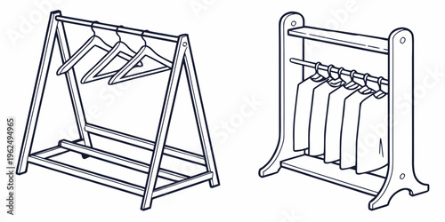 Two wooden drying racks with clothes hanging on them.