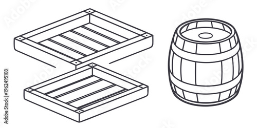 A wooden barrel and a wooden rack for drying herbs and vegetables