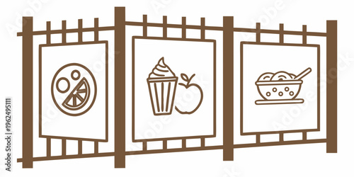 An illustration of three different food items displayed on a wooden frame.