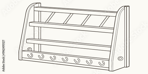 A wooden shoe rack with multiple shelves and hooks for organizing footwear.
