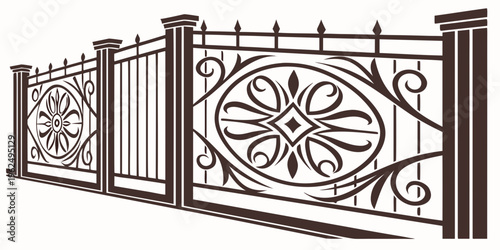 Ornate black metal fence with intricate designs and vertical bars