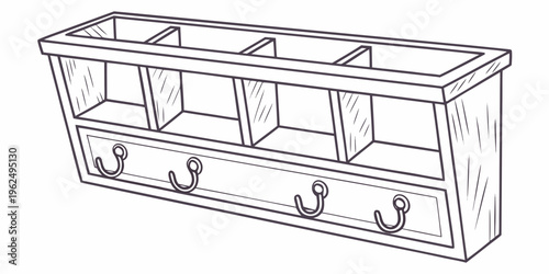 A wooden wall-mounted shelf with cubbies and hooks for organization and storage