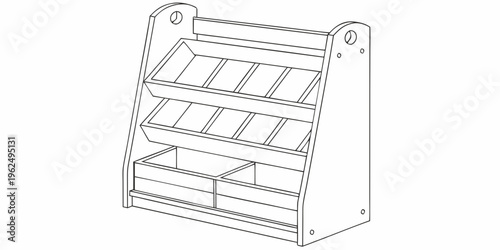 A wooden bookshelf with multiple shelves and a drawer at the bottom