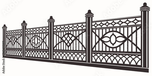 A decorative metal fence with intricate designs and pointed finials on top.