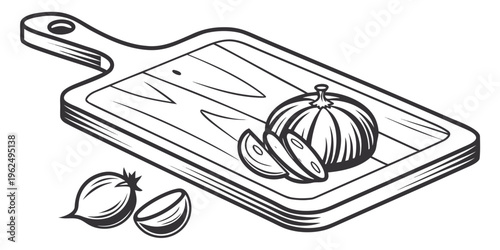 A drawing of a cutting board with onions and a knife.