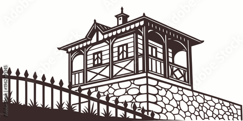 A beautifully illustrated traditional house with a tiled roof and wooden fence